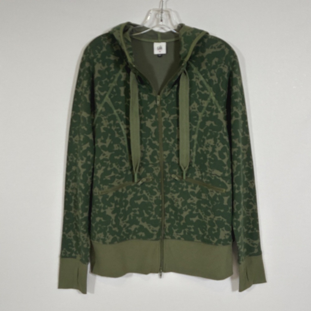 Cabi Marathon Jacket Womens M Green Camo Full Zip Hoodie Thumbholes 6030